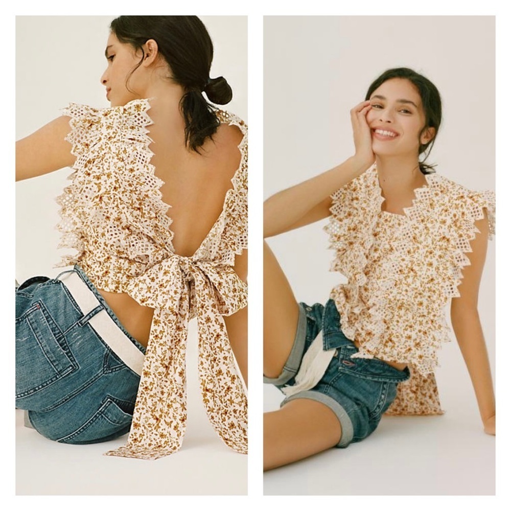 Anthropologie Trina Bow Blouse Bohemian Floral Summer Ruffle New Large